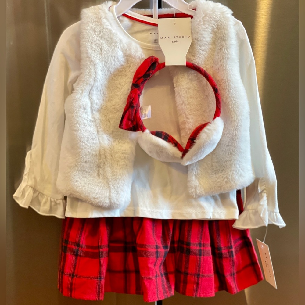 max studio baby girl 4 piece vest, long sleeve shirt , plaid skirt and ear muffs
